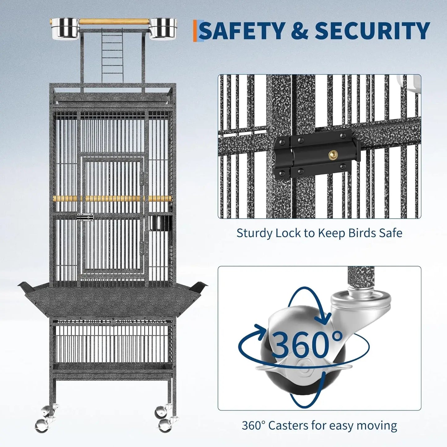 61in Large Bird Cage with Playground, Rolling Parrot Cage, Feeding Accessories, for Parrots, Parakeets, Conures, Black