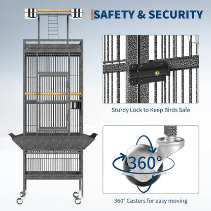 61in Large Bird Cage with Playground, Rolling Parrot Cage, Feeding Accessories, for Parrots, Parakeets, Conures, Black