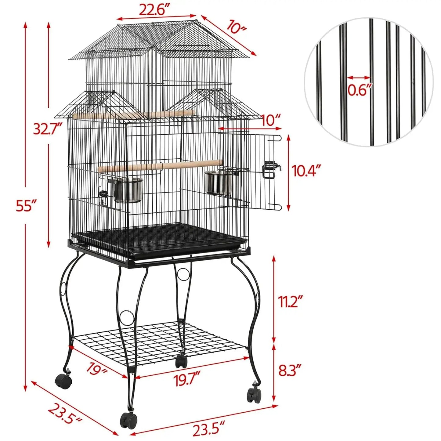 Budgie Cage 55-inch Rolling Standing Triple Roof Medium Parrot Cage Pet Bird Cage with Detachable Stand for, Customized