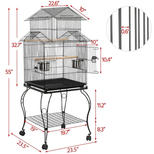 Budgie Cage 55-inch Rolling Standing Triple Roof Medium Parrot Cage Pet Bird Cage with Detachable Stand for, Customized