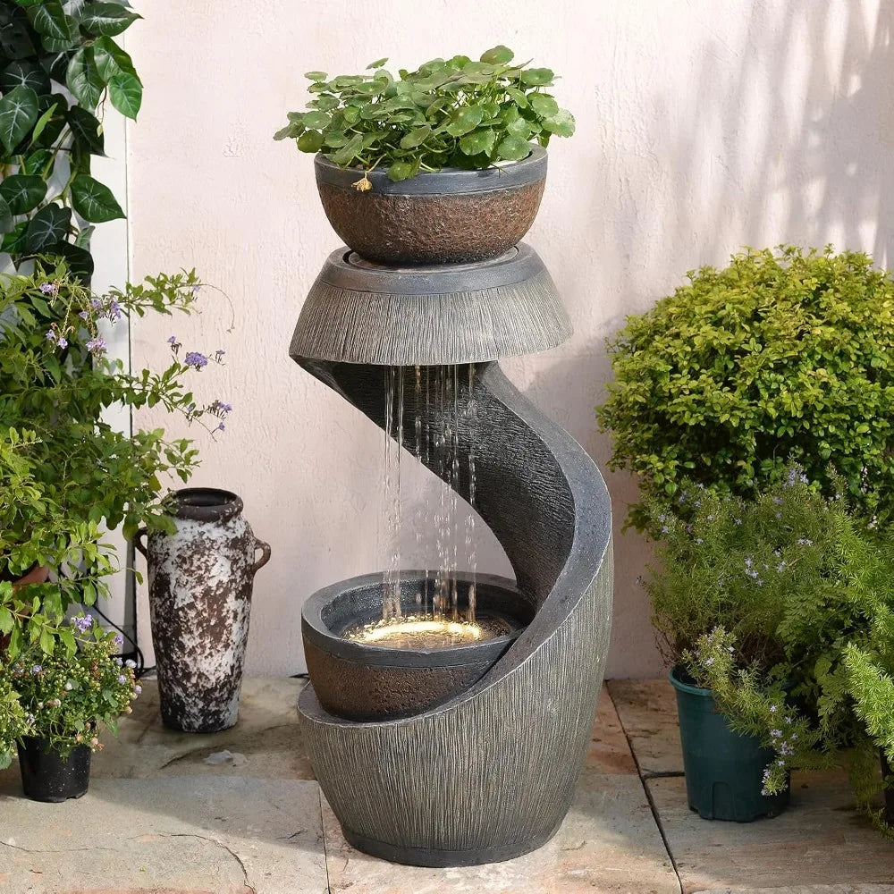 31.9" S-Shaped Water Outdoor Fountain–Modern Cascading Waterfall Feature with LED Lights & Planter Bowl, Garden, Customized