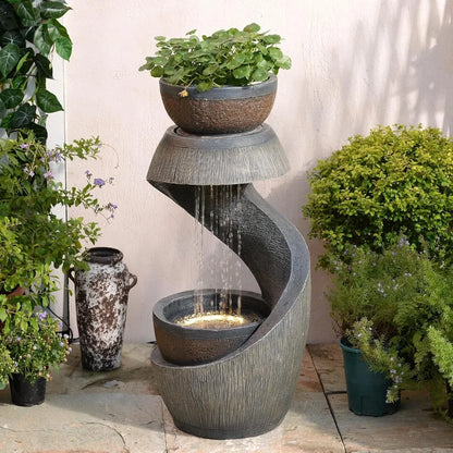 31.9" S-Shaped Water Outdoor Fountain–Modern Cascading Waterfall Feature with LED Lights & Planter Bowl, Garden, Customized