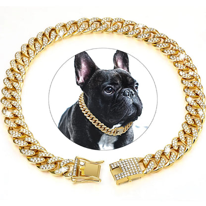 Dog Chain Collar Diamond Cuban Link Necklace Metal Cat Chain Pet Crystal Collar Jewelry Accessories for  Dogs Cats