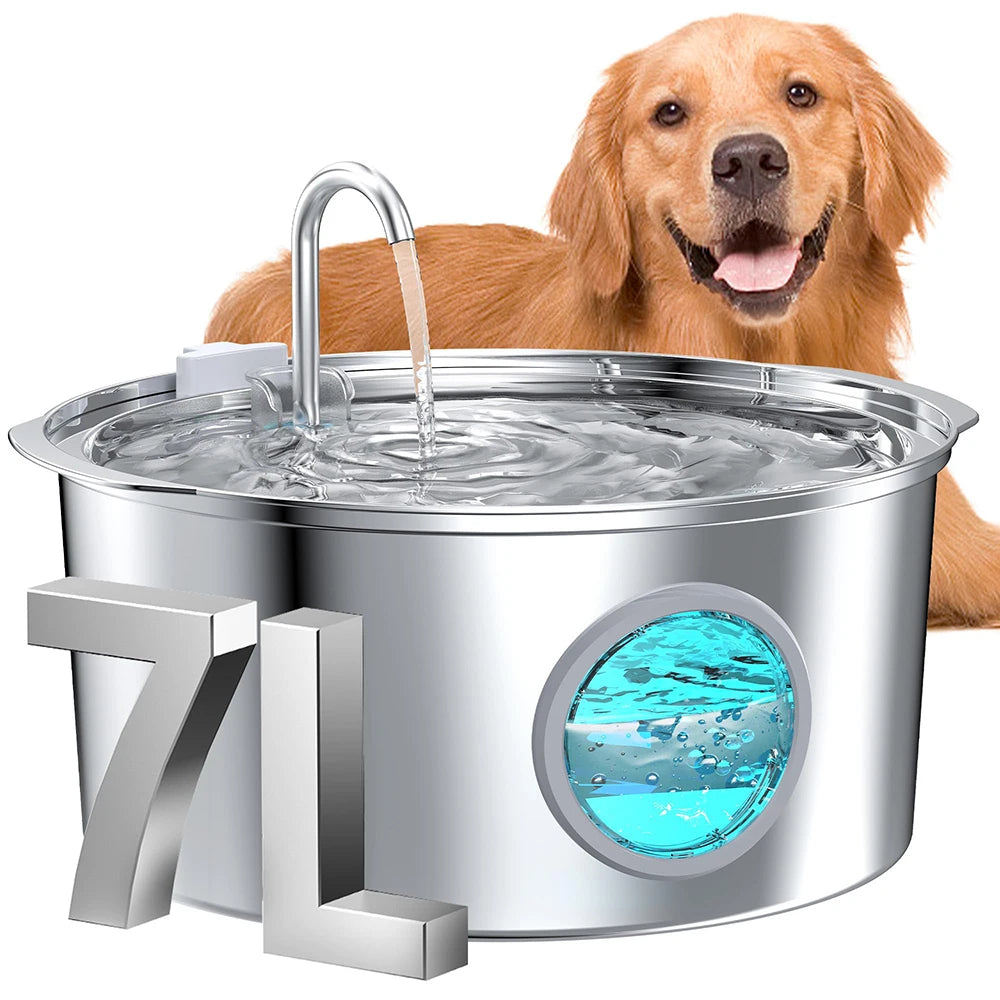 7L/236oz Large Capacity Pet Water Fountain 304 Stainless Steel Cat Water Fountain Ultra Quiet Pet Water Dispenser for Cats Dogs Automatic Drinking Bowl with Filter 24/7 Fresh Filtered Water Bowl（No 5V 1A Plug）