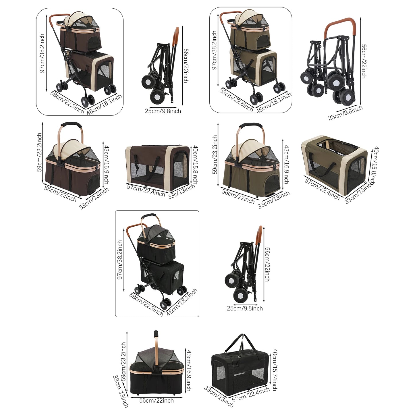 3-in-1 Multifunctional Pet Stroller Foldable Pet Stroller with 2 Pet Carriers for Small & Medium Dogs Bearing 77lbs Safety Lock