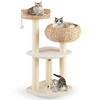 Tangkula Modern Cat Tree, Small Cat Tower with Natural Sisal Scratching Post, Hand-Made Wicker Cat Condo Top Perch Funny Hanging
