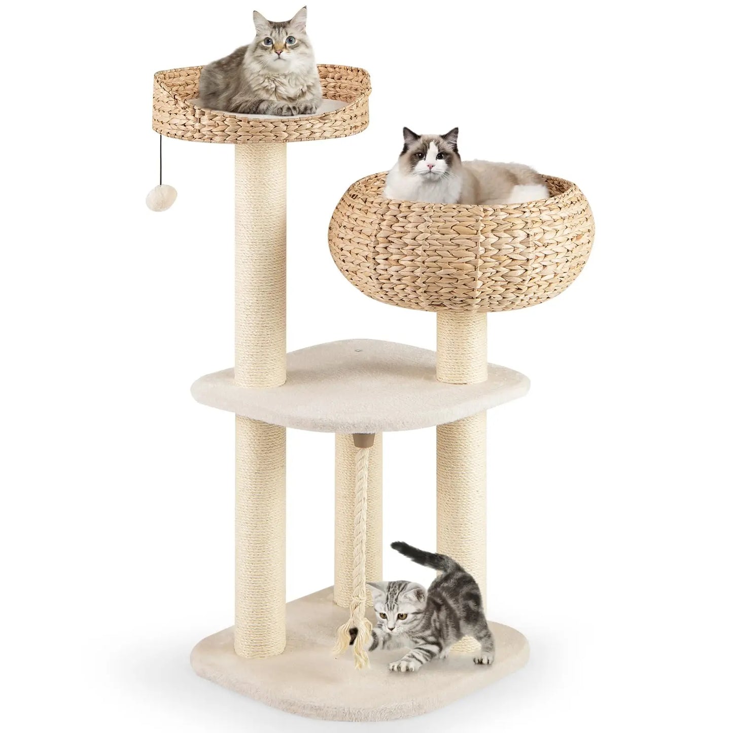Tangkula Modern Cat Tree, Small Cat Tower with Natural Sisal Scratching Post, Hand-Made Wicker Cat Condo Top Perch Funny Hanging