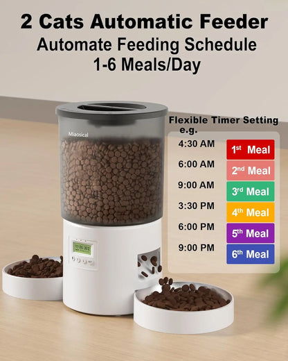 Automatic Cat Feeder with Double Bowls, 4.2L Dry Food Dispenser, Programmable Portion Control, Dual Power Supply