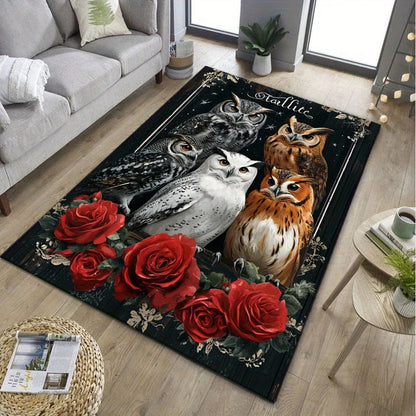 Owl Trio Rug with Red Roses, Charming Bird Print Carpets for Cozy BedroomsBest Selling Bedroom Accessories Skid resistant carpet