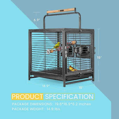 19" Wrought Iron Travel Carrier Bird Cage for Parrots Conures Lovebird Cockatiel Parakeets