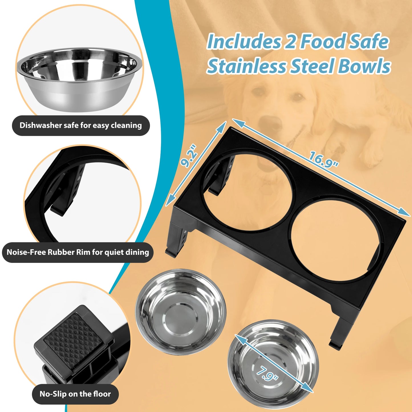 Elevated Dog Bowls with 2 Stainless Steel, Raised Dog Bowl Adjusts to 5 Heights (3.15", 8.66", 9.84",11.02", 12.2