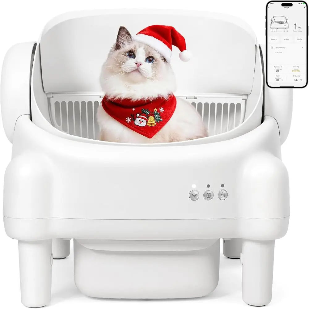 Luxury App-Controlled Open-Top Self-Cleaning Litter Box for Multiple Cats with Safety, Odor Control, 2 Liners, Large Bin - Cream