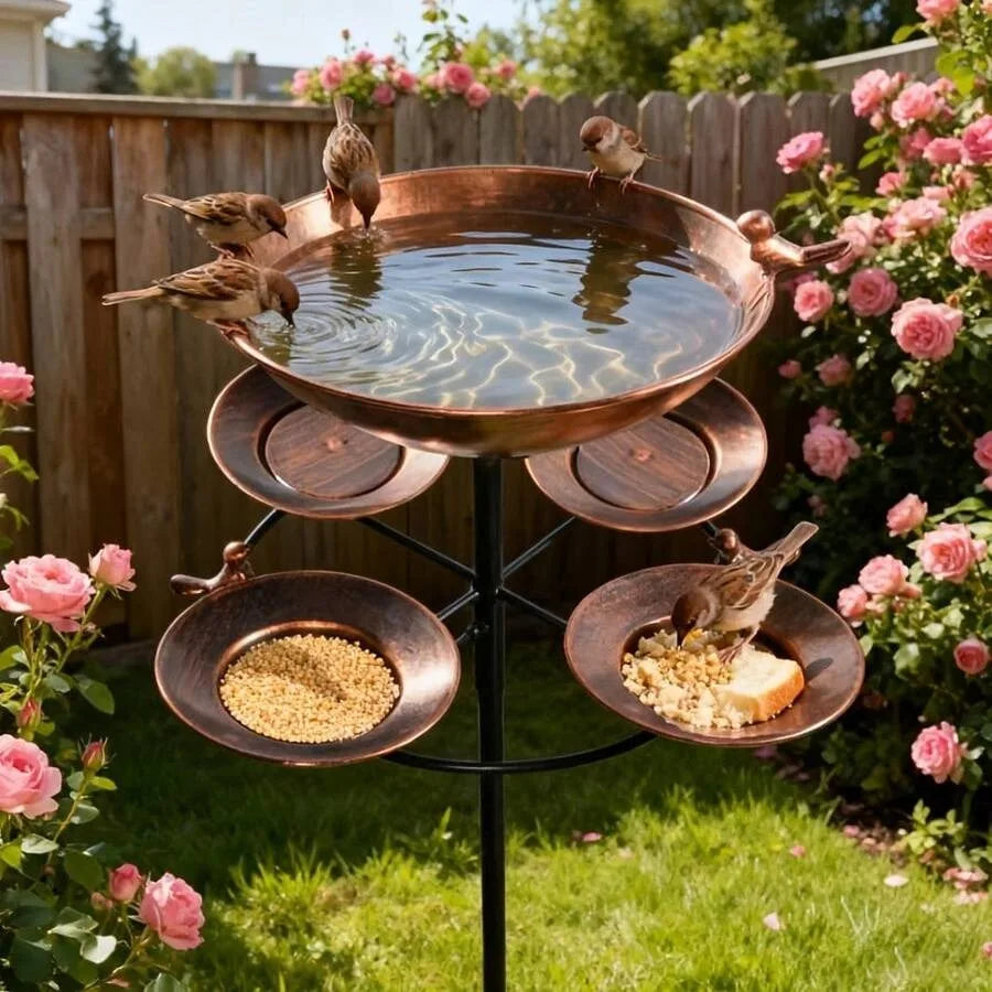 【New style】Antique Bronze Metal Dual Tier Bird Bath and Feeder - 5 Bowl Capacity, Rust-Proof, Sturdy Base, Easy Clean Garden De