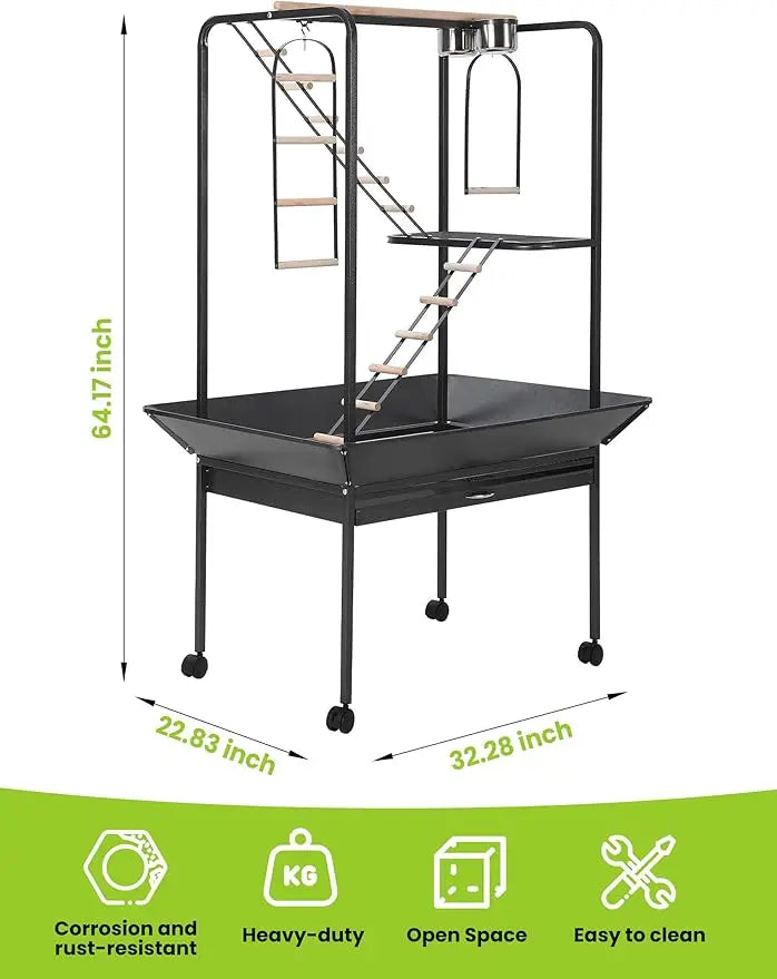 Pet Products Parrot Playstand with Wheels, Bird Cage Stand Activity Play Center with Perches and Ladders,Playground for Birds