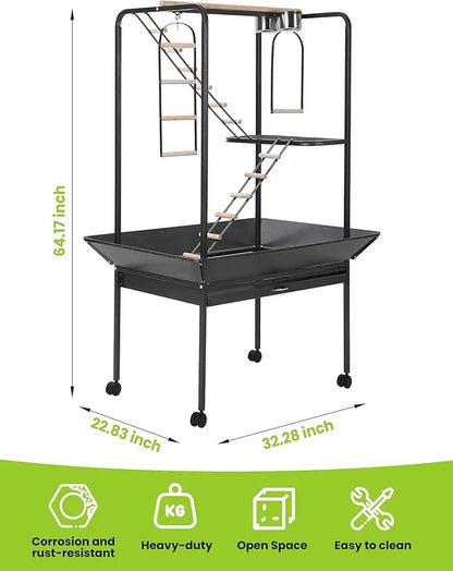 Pet Products Parrot Playstand with Wheels, Bird Cage Stand Activity Play Center with Perches and Ladders,Playground for Birds
