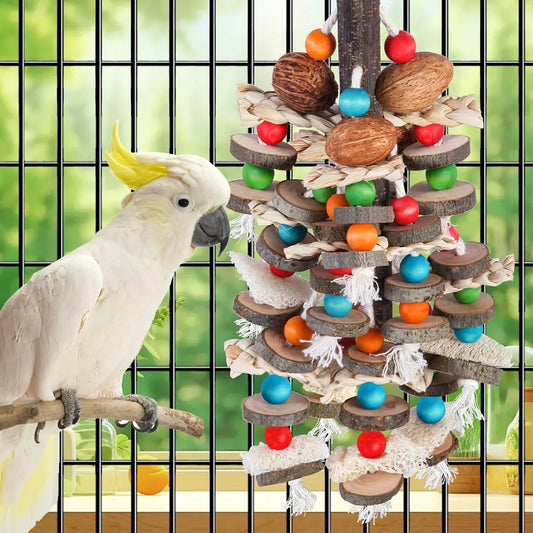 Large Parrot Toys Bird Chewing Toys-Natural Nuts Corn Loofah Wooden Bird Cage Toy for African Grey,Macaws,Conure,Cokatoos,Cockat
