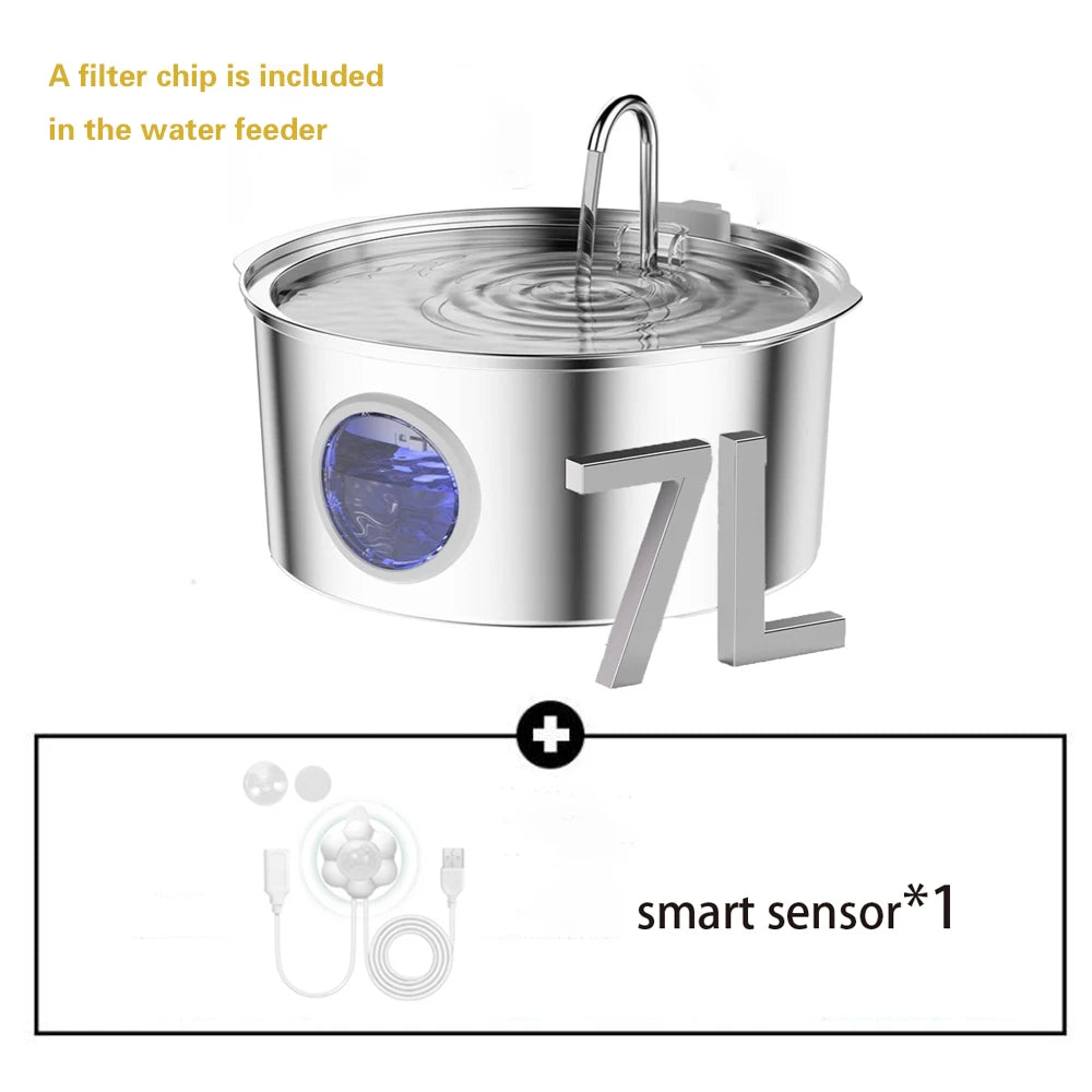 7L/236oz Large Capacity Pet Water Fountain 304 Stainless Steel Cat Water Fountain Ultra Quiet Pet Water Dispenser for Cats Dogs Automatic Drinking Bowl with Filter 24/7 Fresh Filtered Water Bowl（No 5V 1A Plug）