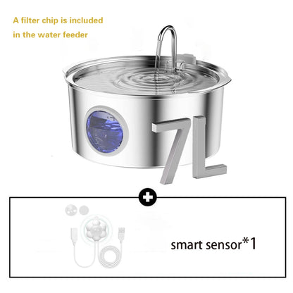 7L/236oz Large Capacity Pet Water Fountain 304 Stainless Steel Cat Water Fountain Ultra Quiet Pet Water Dispenser for Cats Dogs Automatic Drinking Bowl with Filter 24/7 Fresh Filtered Water Bowl（No 5V 1A Plug）