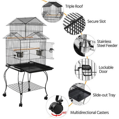 Budgie Cage 55-inch Rolling Standing Triple Roof Medium Parrot Cage Pet Bird Cage with Detachable Stand for, Customized