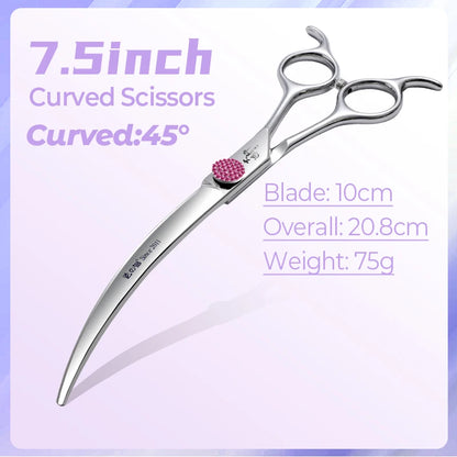 Fenice Professional 6.5/7.5 Inch Super Big Curved Scissors 45°  Curved Scissors for Trimming Dog's Round Head Pet Grooming Tools