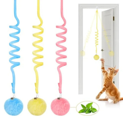 Hanging Fluffy Cat Catnip Ball Toys 3 Pcs with Bell, Interactive Cat Teaser Retractable Toys Indoor Kitten Play Chase Exercise