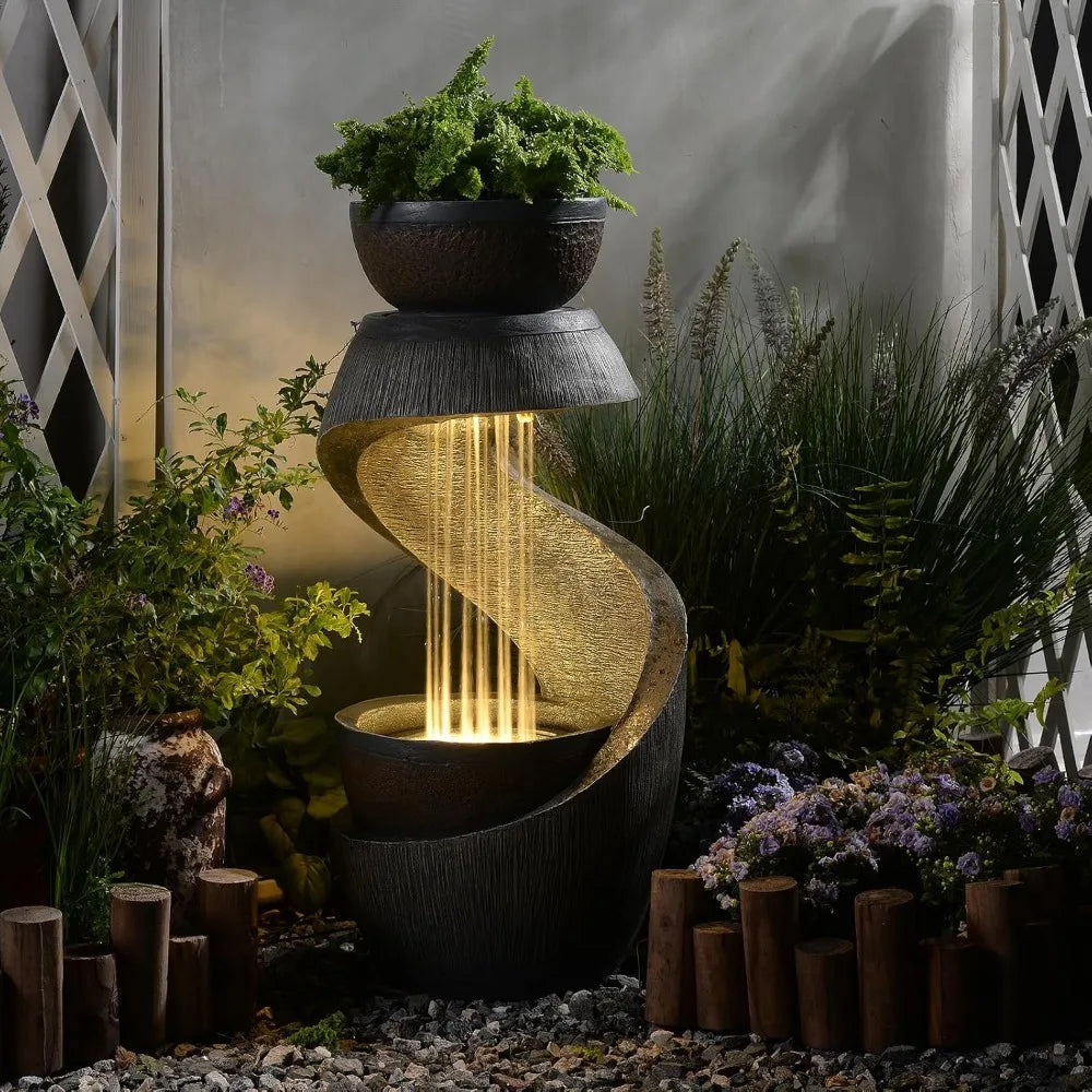 31.9" S-Shaped Water Outdoor Fountain–Modern Cascading Waterfall Feature with LED Lights & Planter Bowl, Garden, Customized