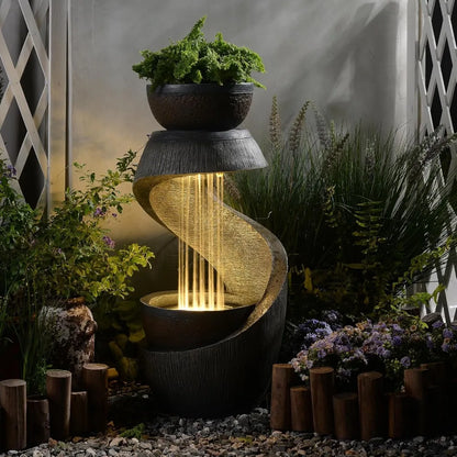 31.9" S-Shaped Water Outdoor Fountain–Modern Cascading Waterfall Feature with LED Lights & Planter Bowl, Garden, Customized
