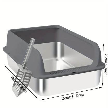 Stainless Steel for cat Litter Box, Medium And Large Litter Box For Cats With Scoop, Metal Litter Pan Tray With High Wall Sides
