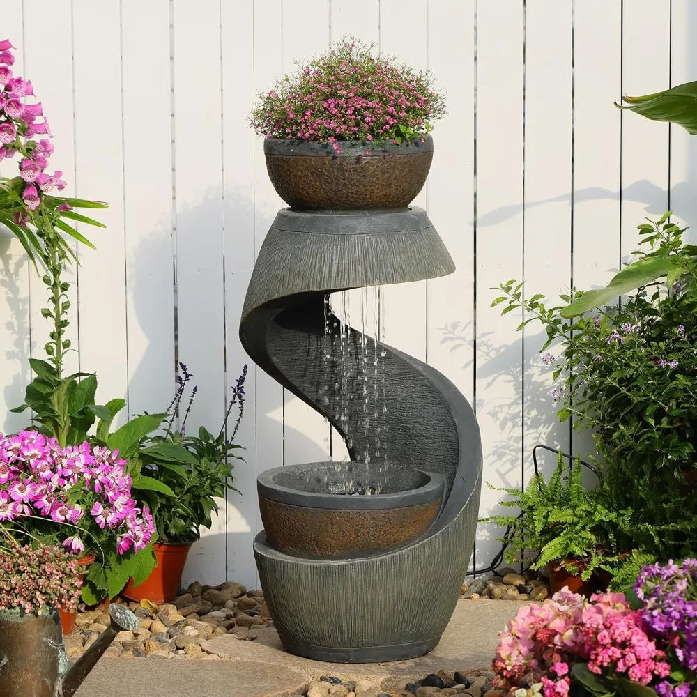 31.9" S-Shaped Water Outdoor Fountain–Modern Cascading Waterfall Feature with LED Lights & Planter Bowl, Garden, Customized