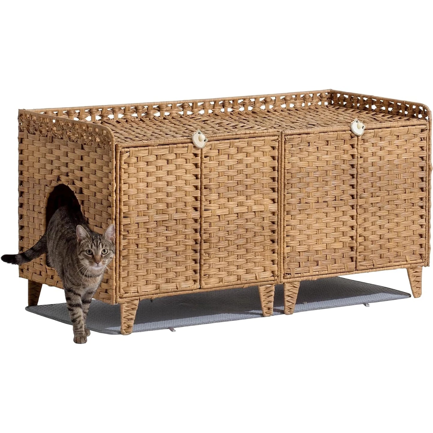 Cat Litter Box Enclosure Furniture, Handwoven Rattan Cat Bed Houses, Hidden Cat Washroom Furniture with Door/Mat