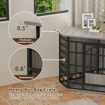 corner dog crate furniture, 52 inch large dog kennel indoor wooden end table, modern dog cage decorative pet house