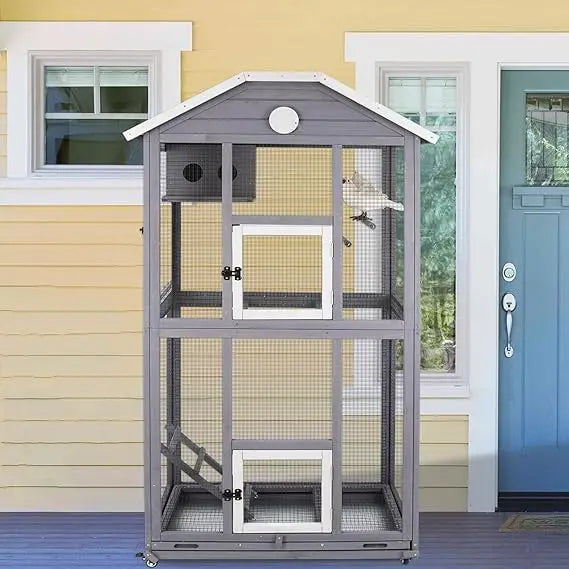 Outdoor Bird Cage Large, Wooden Flight Aviary with Perches, Nest Habitat, and Easy-Clean Pull Out Tray for Parakeets, Macaws.