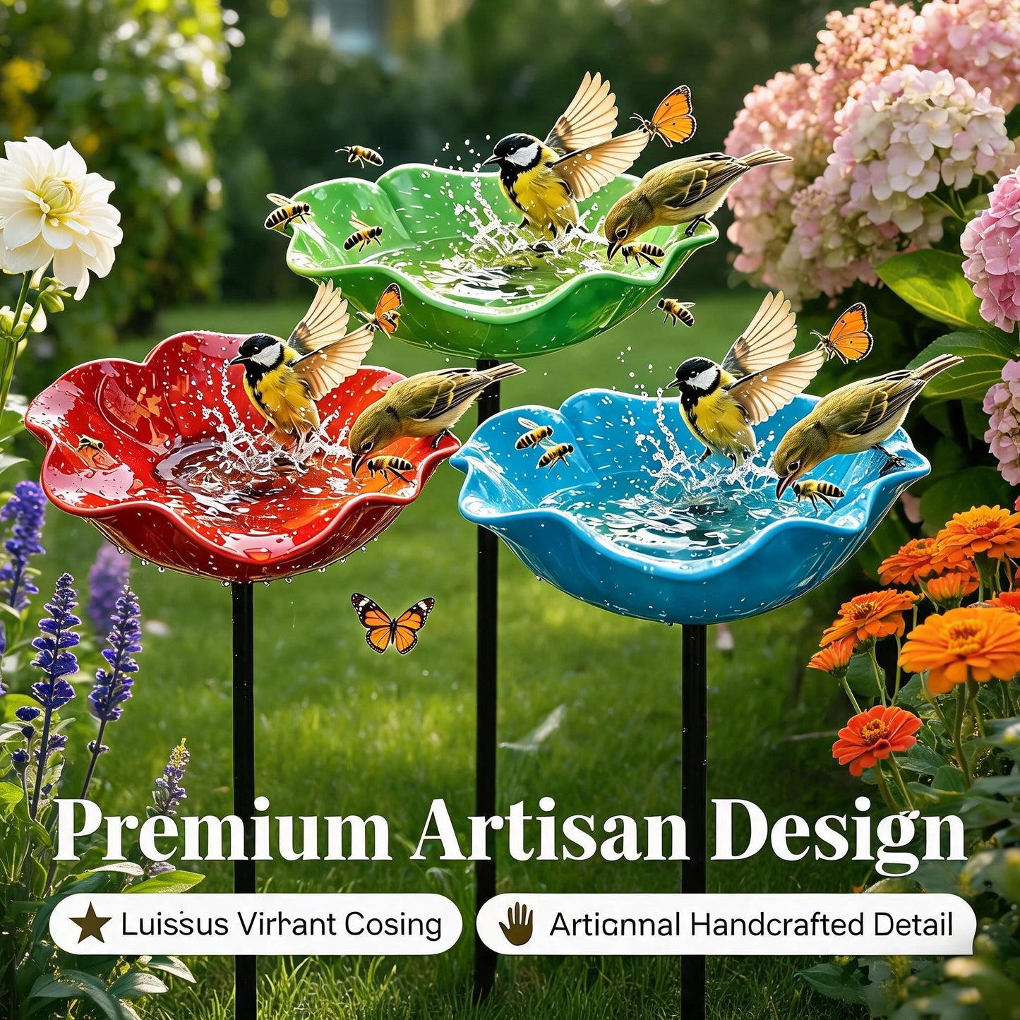 Metal Flower Garden Stakes Bird Bath 4-in-1 Pollinator Water Station - Hummingbird Feeder Bird Bath for Outdoor Yard Decor