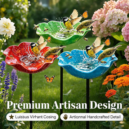 Metal Flower Garden Stakes Bird Bath 4-in-1 Pollinator Water Station - Hummingbird Feeder Bird Bath for Outdoor Yard Decor