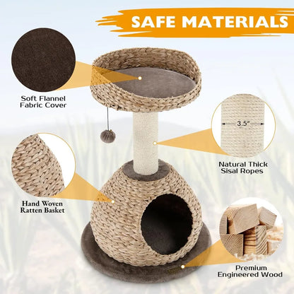 Tangkula Modern Cat Tree, Small Cat Tower with Natural Sisal Scratching Post, Hand-Made Wicker Cat Condo Top Perch Funny Hanging