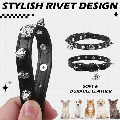 Adjustable Leather Cat Collar with Safety Elastic Belt, Punk Buckle Bell & Durable D-Ring, Rivet (Black)
