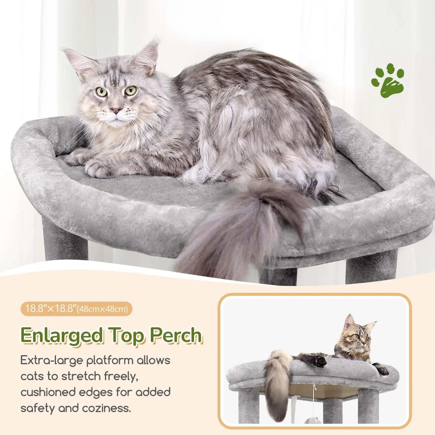 74in Heavy Duty Cat Tree for Large Cats, 7 Sisal Posts, 2 Condos & Hanging Baskets, Sturdy Tower with Top Perch, Light Grey