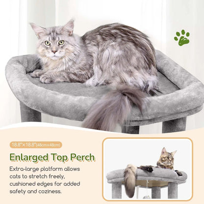 74in Heavy Duty Cat Tree for Large Cats, 7 Sisal Posts, 2 Condos & Hanging Baskets, Sturdy Tower with Top Perch, Light Grey