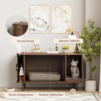 Modern Cat Litter Box Enclosure with Sliding Door, Scratch Pad, Multifunctional Furniture for Living Room in Walnut