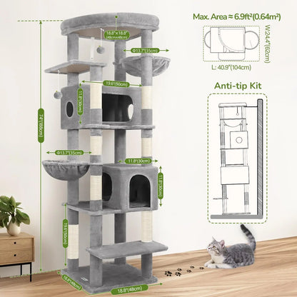 74in Heavy Duty Cat Tree for Large Cats, 7 Sisal Posts, 2 Condos & Hanging Baskets, Sturdy Tower with Top Perch, Light Grey