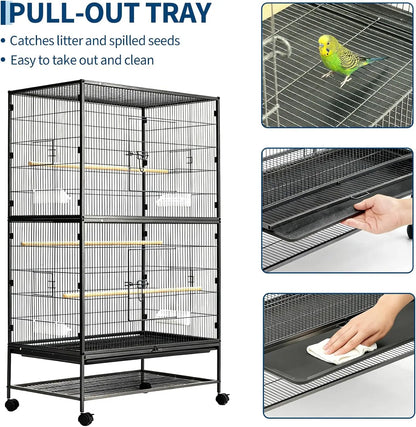 61" H Large Bird Cage with Rolling Storage Stands, Feed Bowls, Wide Tall Parakeet Cage for Parakeets, Parrot, Conures, Cockatiel