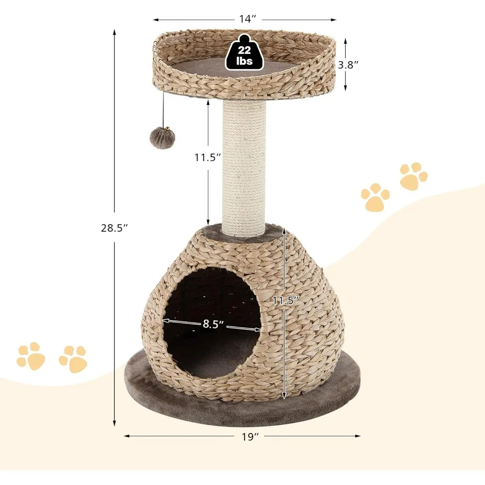 Tangkula Modern Cat Tree, Small Cat Tower with Natural Sisal Scratching Post, Hand-Made Wicker Cat Condo Top Perch Funny Hanging