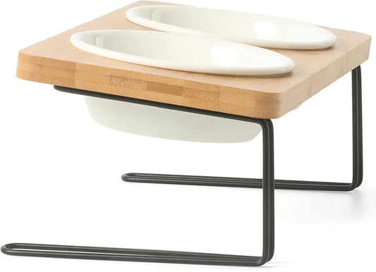 Elevated Cat Ceramic Bowls,15° Tilted Raised Food Feeding Dishes, Solid Bamboo Water Stand Feeder Set for Cats and Puppy