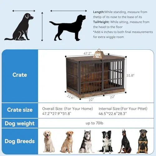 47' Dog Crate Furniture for 1 Dogs, Heavy Duty Indoor Dog Kennel for Medium/Large Dogs