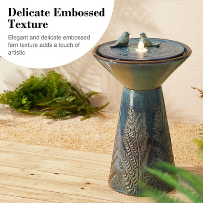 27.5" H Ceramic Garden Water Fountain with LED Light and Pump Bird Bath Fountain Outdoor Turquoise Embossed Pattern, Customized
