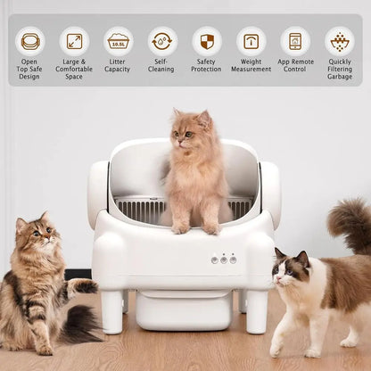 Luxury App-Controlled Open-Top Self-Cleaning Litter Box for Multiple Cats with Safety, Odor Control, 2 Liners, Large Bin - Cream