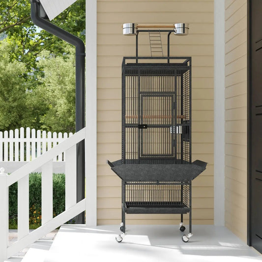 61in Large Bird Cage with Playground, Rolling Parrot Cage, Feeding Accessories, for Parrots, Parakeets, Conures, Black
