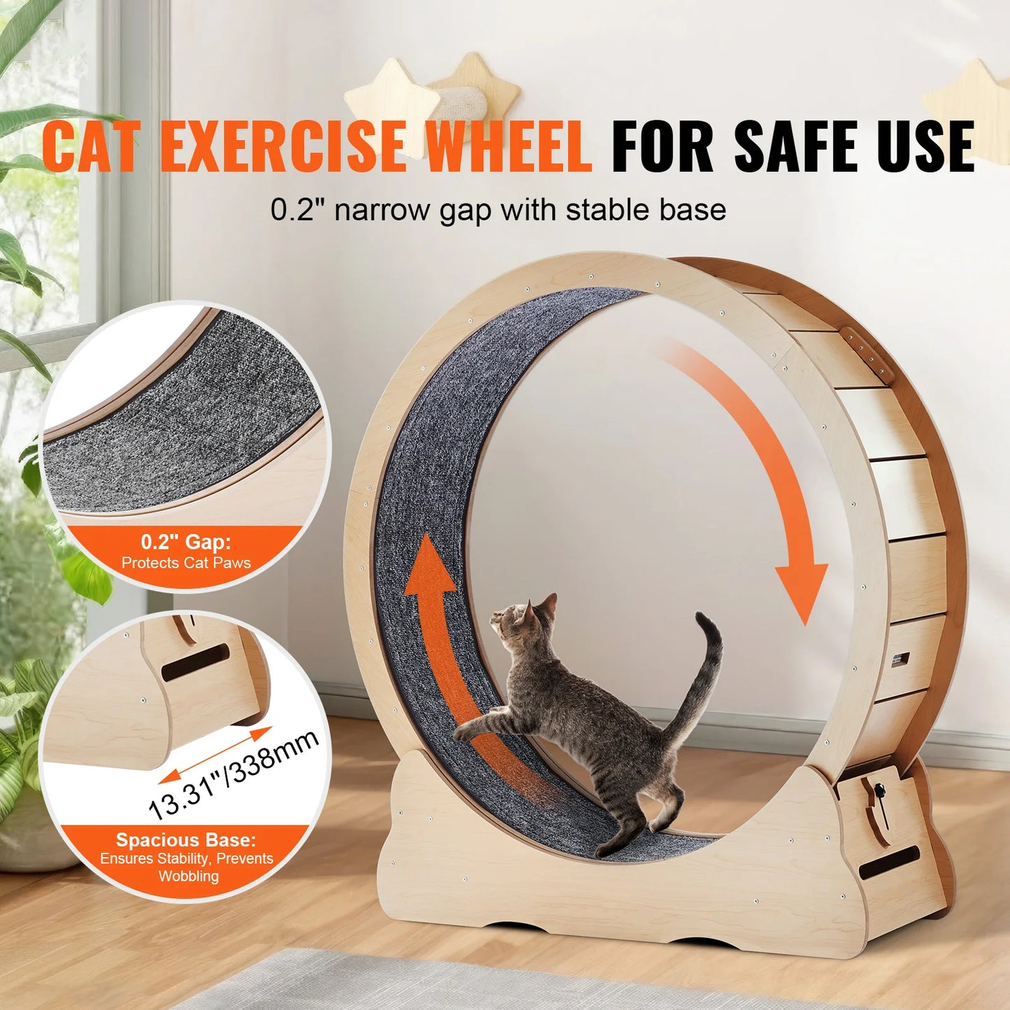 SucceBuy Wooden Cat Exercise Wheel with Detachable Carpet& Cat Teaser