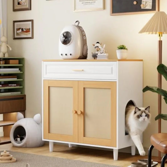 Hidden Cat Litter Box Cabinet with Sisal Scratching Board Doors and Drawer Wooden Pet House for Indoor Cats Dog Proof Enclosure
