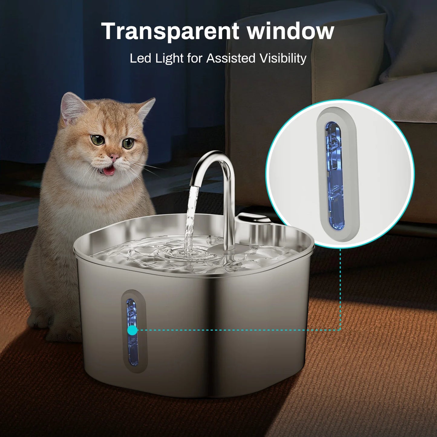 ZYFeeder 2.2L Automatic Cat Water Fountain Square Stainless Steel Dog Water Fountain with window（No 5V 1A Plug）